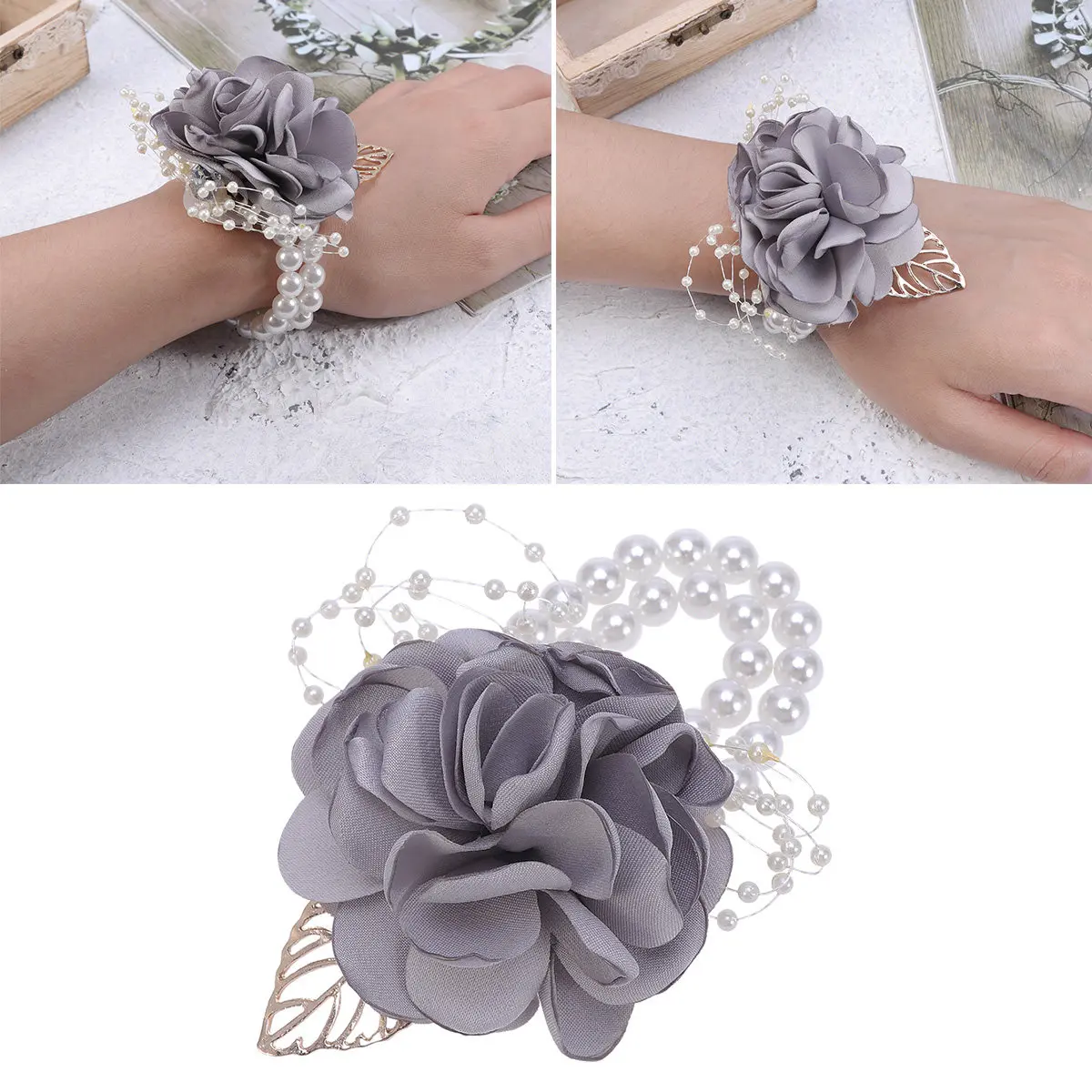 Artificial Light Grey Rose Elastic Pearl Wrist Bracelet Wedding Bridal Bridesmaid Prom Party Floral Wrist Corsage