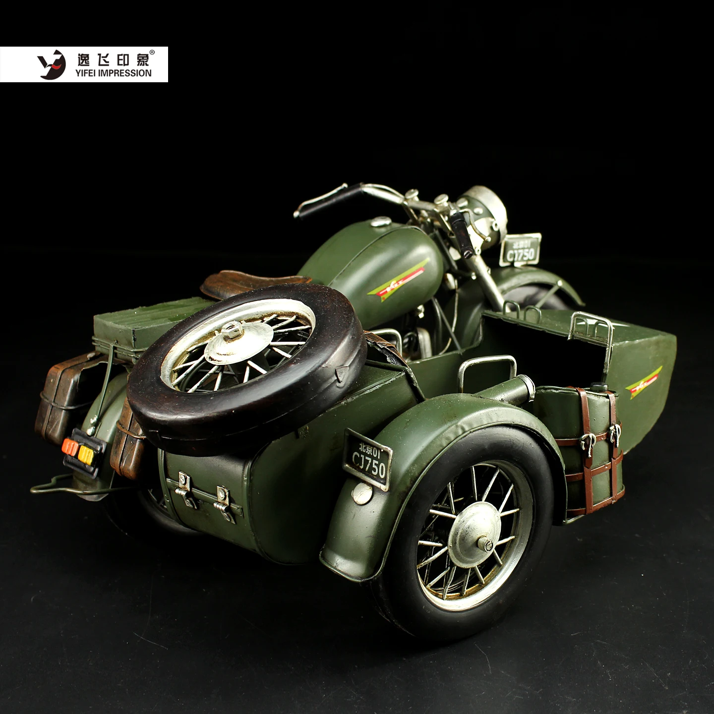 Handmade Iron Art CJ750 Motorcycle Model with Sidecar - Retro Military Green Vintage Desk Ornament Home Decor for Collectors - view 5