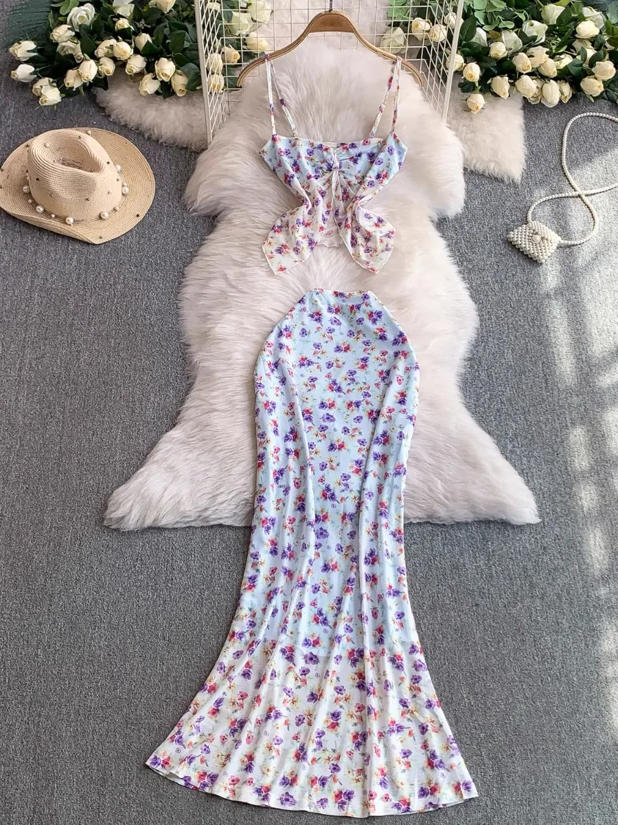 

Foamlina Vacation Sexy Twist Halter Top Set Женская юбка-русалка с высокой талией и цветочной сеткой для женщин Комплект из двух частей полуюбки