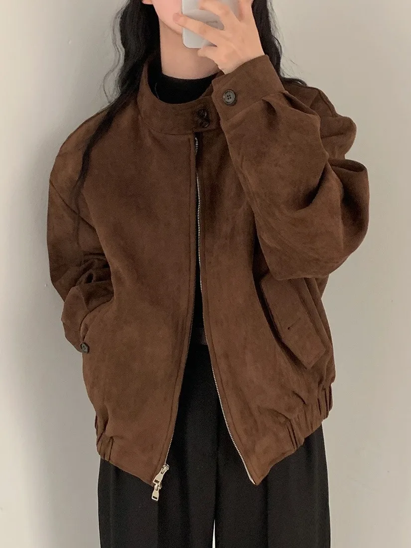 

Thiened Faux Suede Jaet Women's Hong Kong Sle Loose Fit Warmth Double Zipper Fce Lined Outerwear Chic Retro Coat