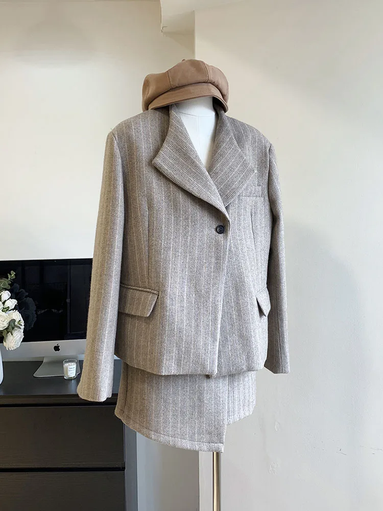 Formal Occasion Grey Outfits 2 Piece Skirt Set Striped Suit Jacket + Asymmetrical A-Line Skirt Women Spring Summer High Quality