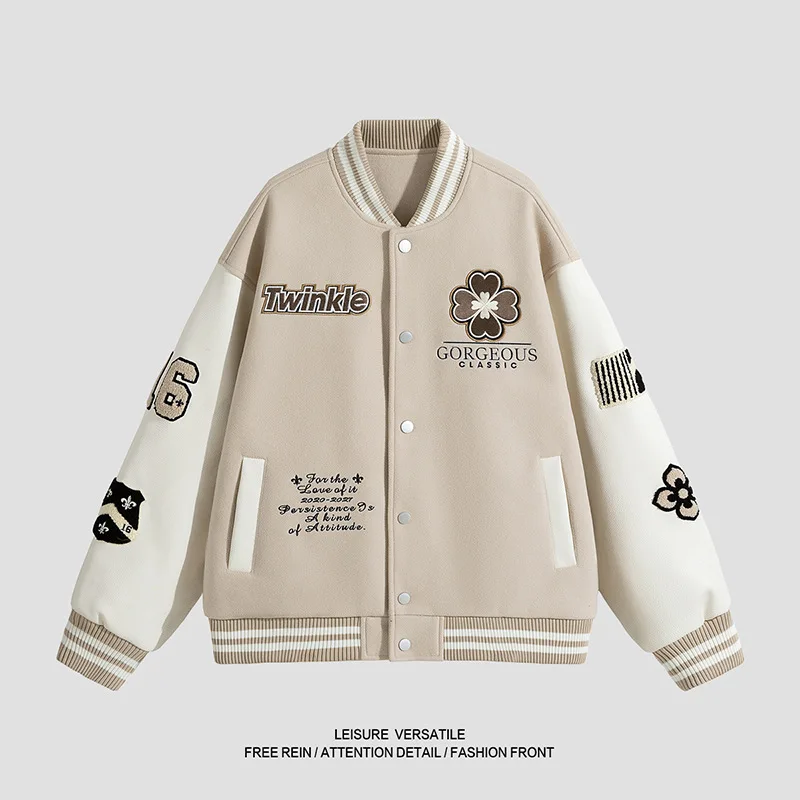 

Бейсбольная куртка с вышивкой в молодом американском стиле для мужчин и женщин, мужское пальто свободного кроя, рубашка для пар, подходящая по цвету ретро-стиль