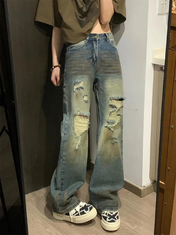 

Мужские джинсы в стиле ретро American Blue Hole: летние, модные, брендовые, в стиле Badass Street, с эффектом потертости, прямые брюки в стиле Beggar.