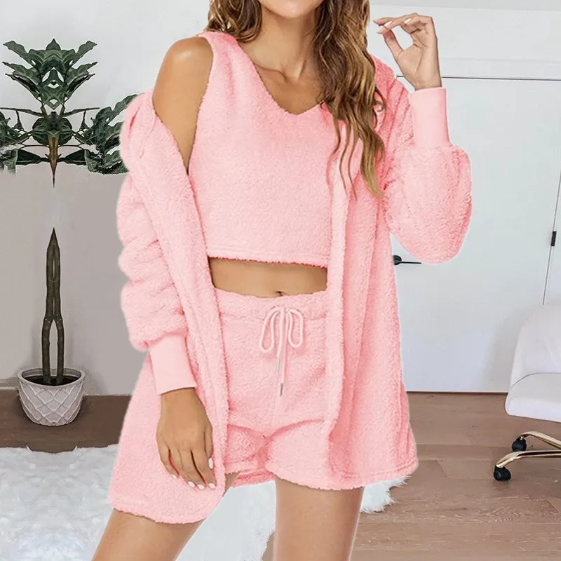 3PCS/Set Thickened Warm Women Pajamas Solid Home Wear Long-Sleeved Long Plush Camisole Jacket Vest Sports Suit Soft Sleepwear