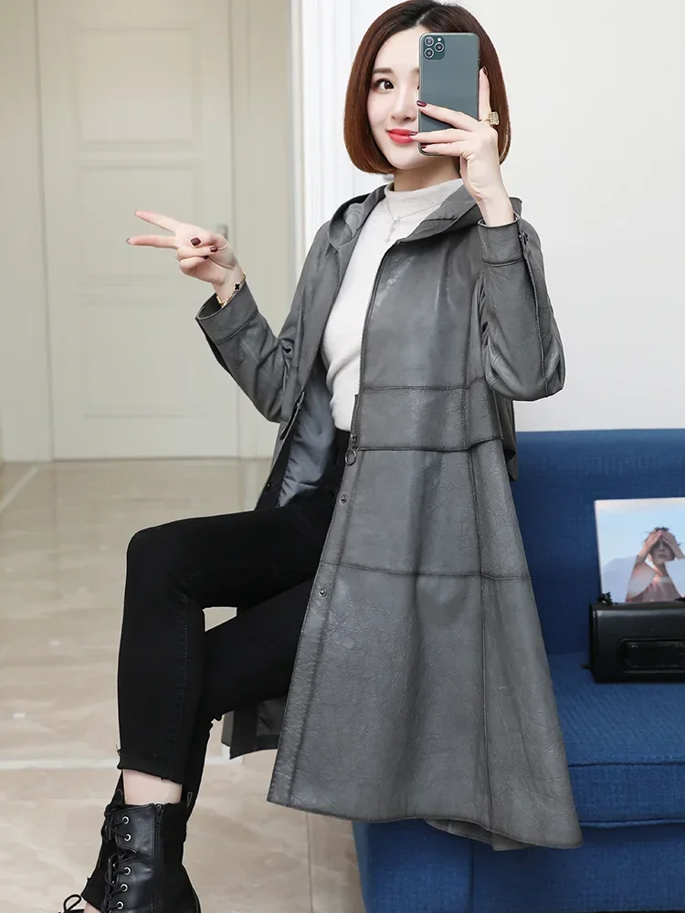 2024 Echt Leren Jas Dames Trenchcoats Koreaanse Mode Echte Schapenvacht Leren Jas Elegante Leren Jassen Met Capuchon SGG