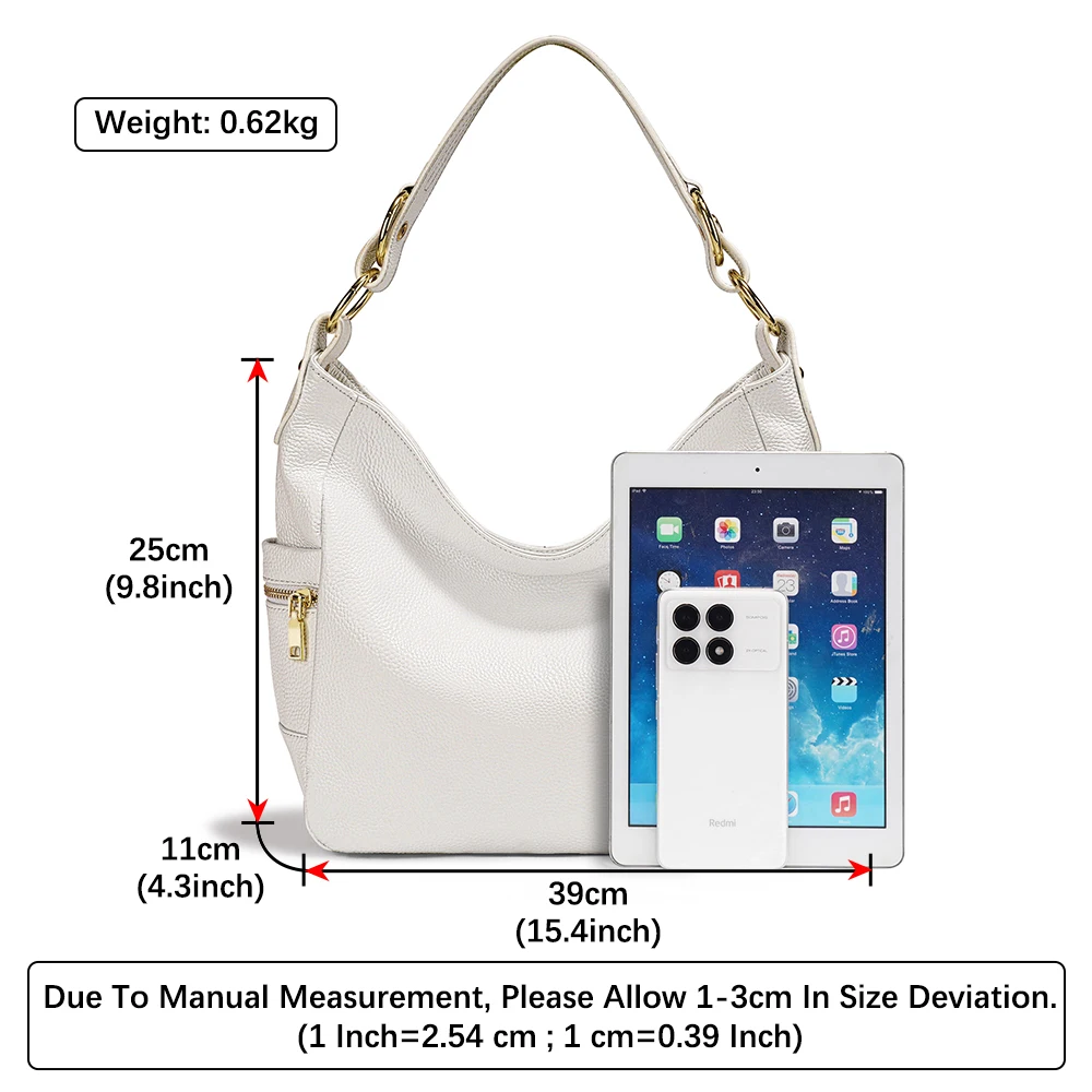 Zency Elegant White 100% Genuine Leather Women Hobo Handbag Shoulder Bag Large Capacity Lady Zipper Crossbody Bags Designer