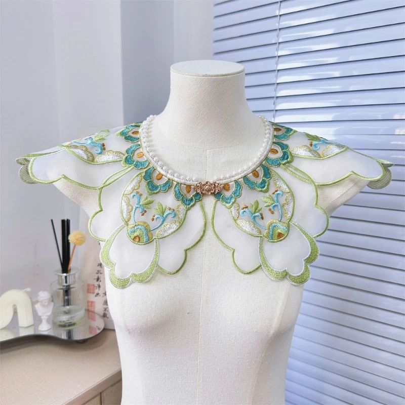 

Hanfu Costume Accessory Small Shawl Wrap Chinese Style Vintage Embroidery Floral Scalloped Neckline Green Fake Collar