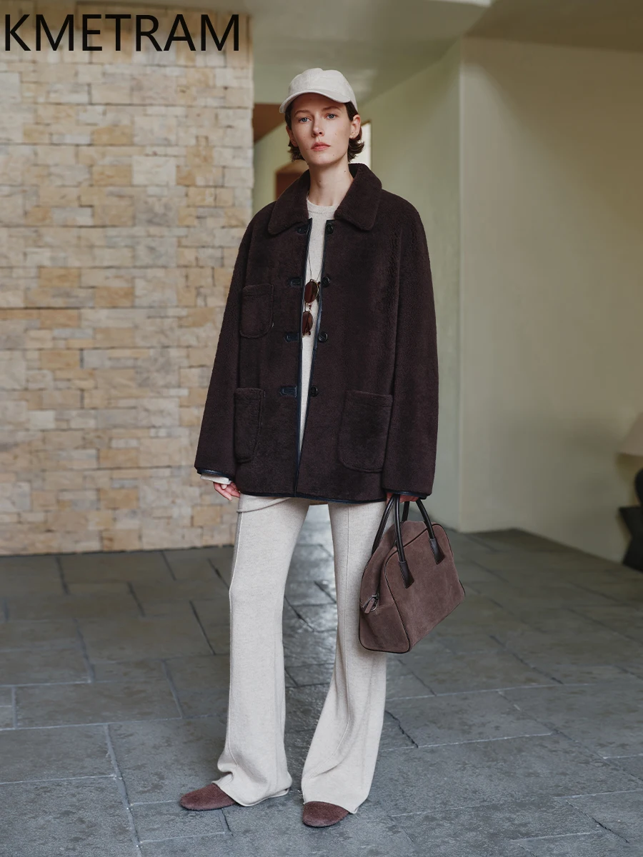 سترة من صوف ميرينو الطبيعي من جلد الغنم مزدوجة الوجه سترة نسائية غير رسمية متوسطة الطول معطف فرو حقيقي ملابس شتوية سترات فروي 2025