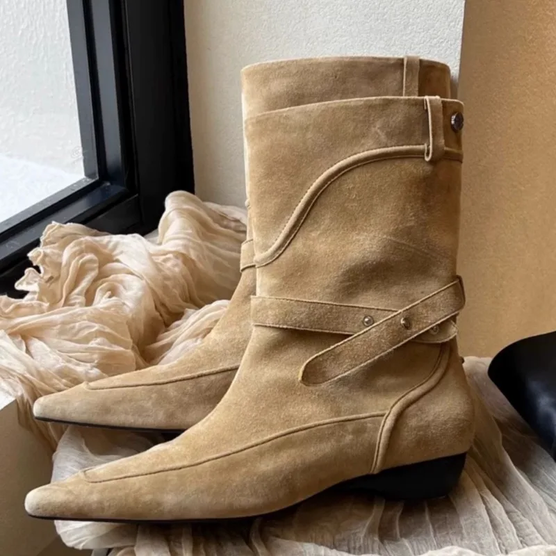 New Women Shoes Luxury Genuine Leather Cowboy Boots for Woman Exquisite Pointed Tip Mid Calf Boots Designer Shoes Botas Feminina
