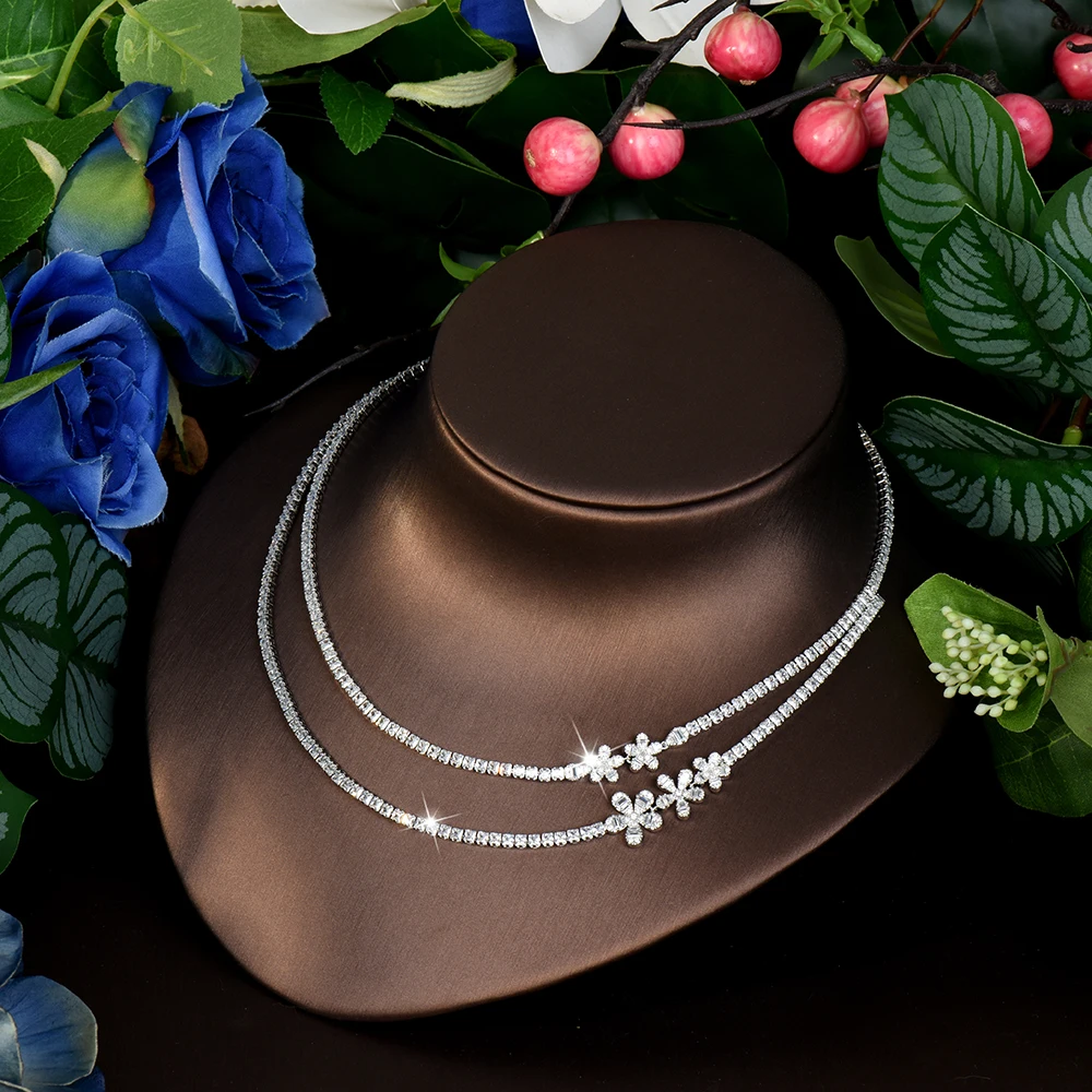 HIBRIDE Unique Deluxe Charming Side Flower Necklace Earrings Ring Ladies Zirconia Jewellery Set Party Banquet Wedding S-776