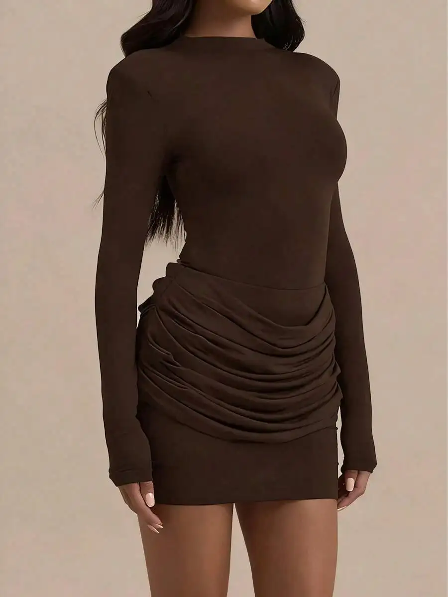 

Women's Brown Long Sleeve Mini Dress with Ruched Waist, Knitted Stretch Fabric