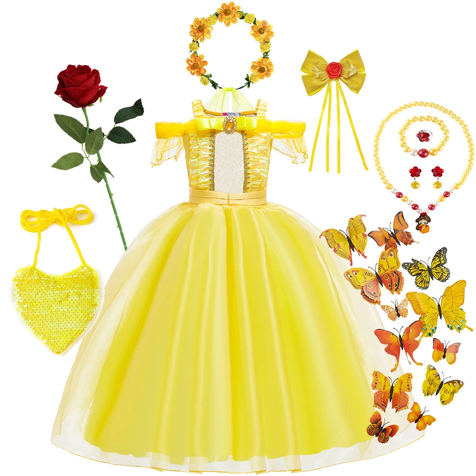 Belle Princess Dress For Kids Carnival Yellow Off Shoulder Fluffy Lace Tulle Frocks 2-10 Yrs Girl Birthday Surprise Gift