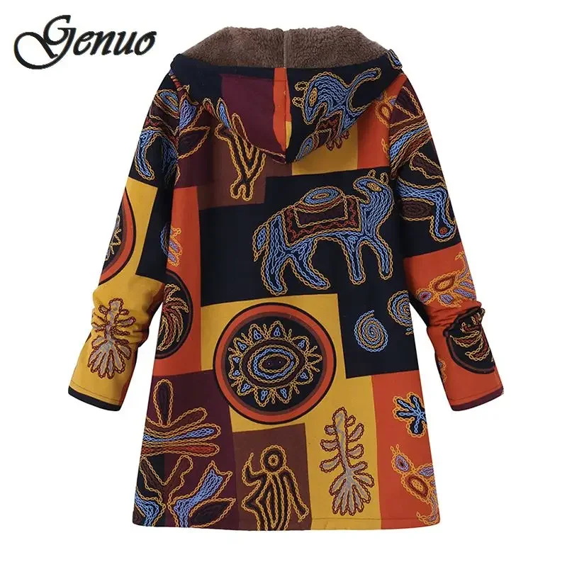 2026 Winter Autumn Long Sleeve Basic Outerwear Women Retro Hooded Ethnic Printed Faux Fluffy Thin Coat Jackets