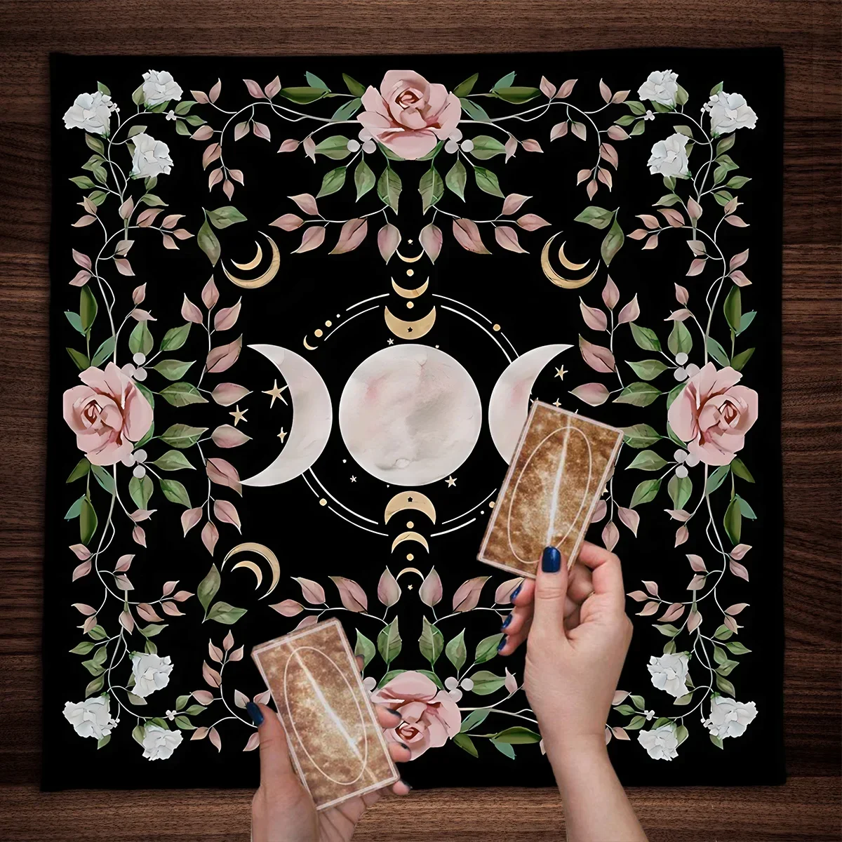 Triple Moon Altar Cloth Tarot Cloth For Spread Tarot Reading Cloth Moon Phase Pink Flower Tarot Mat Witchy Cottagecore Decor