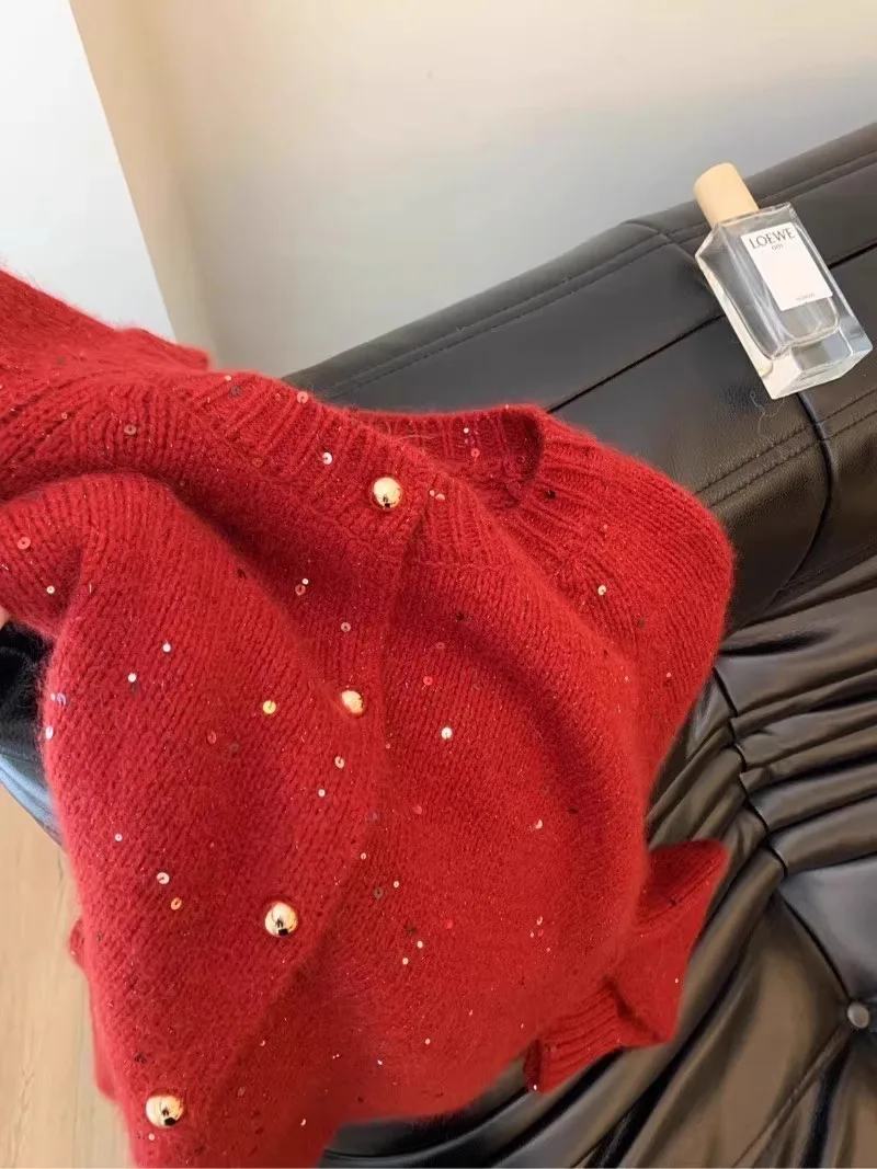 Red New Year Sequin Sweater For Women Round Collar Solid Color Knitted Cardigan Autumn Winter Casual Outerwear