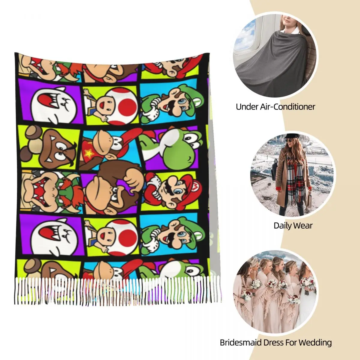 Super Mario Yoshi Luigi Bowser & Gang Box-Up Shawl Wrap Women Winter Warm Large Soft Scarf Game Pashminas Tassel Scarves