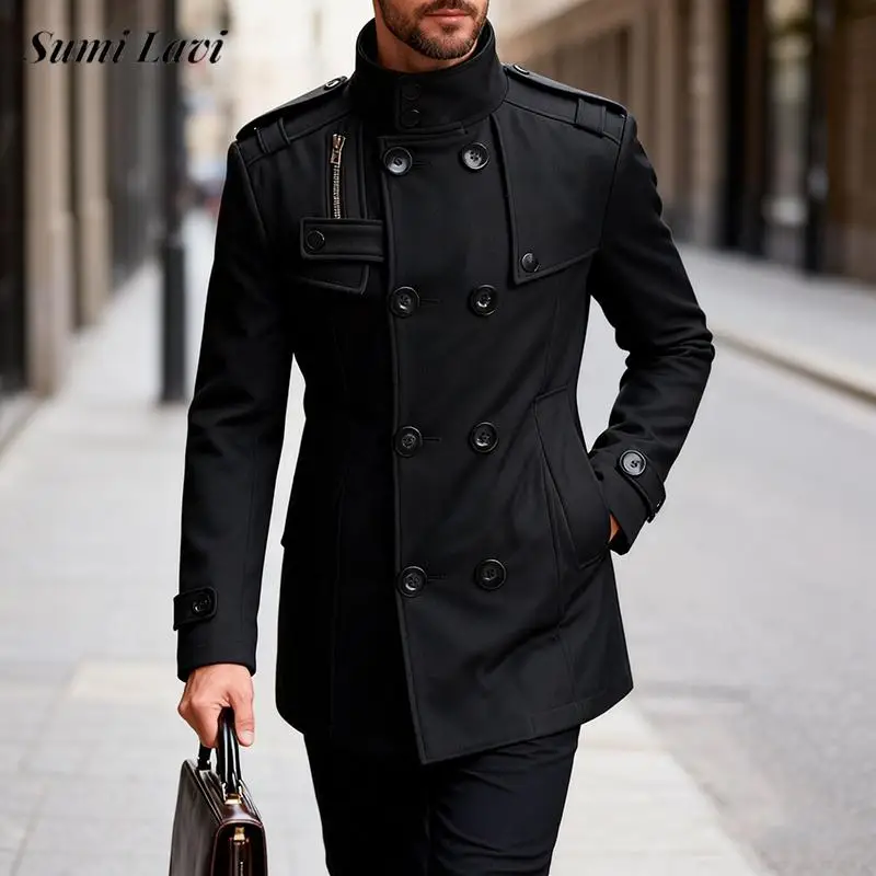 

Стильные двубортные куртки с лацканами, мужские осенне-зимние уличные повседневные однотонные шерстяные пальто, мужская винтажная тонкая верхняя одежда