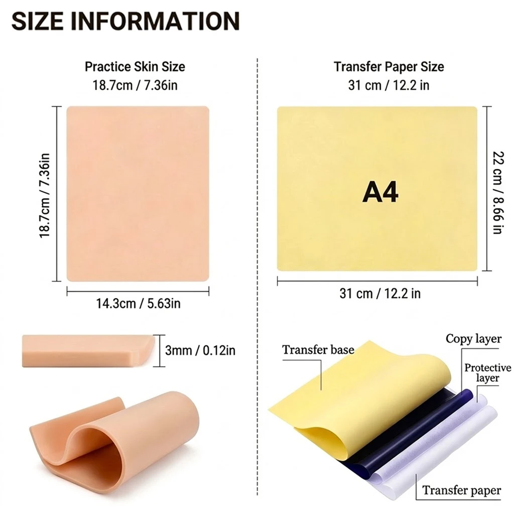 3MM Tattoo Practice Skin Stencil Transfer Paper Kit Double Sided Silicone Fake Skin for Beginners Artists Tattoo Accessories