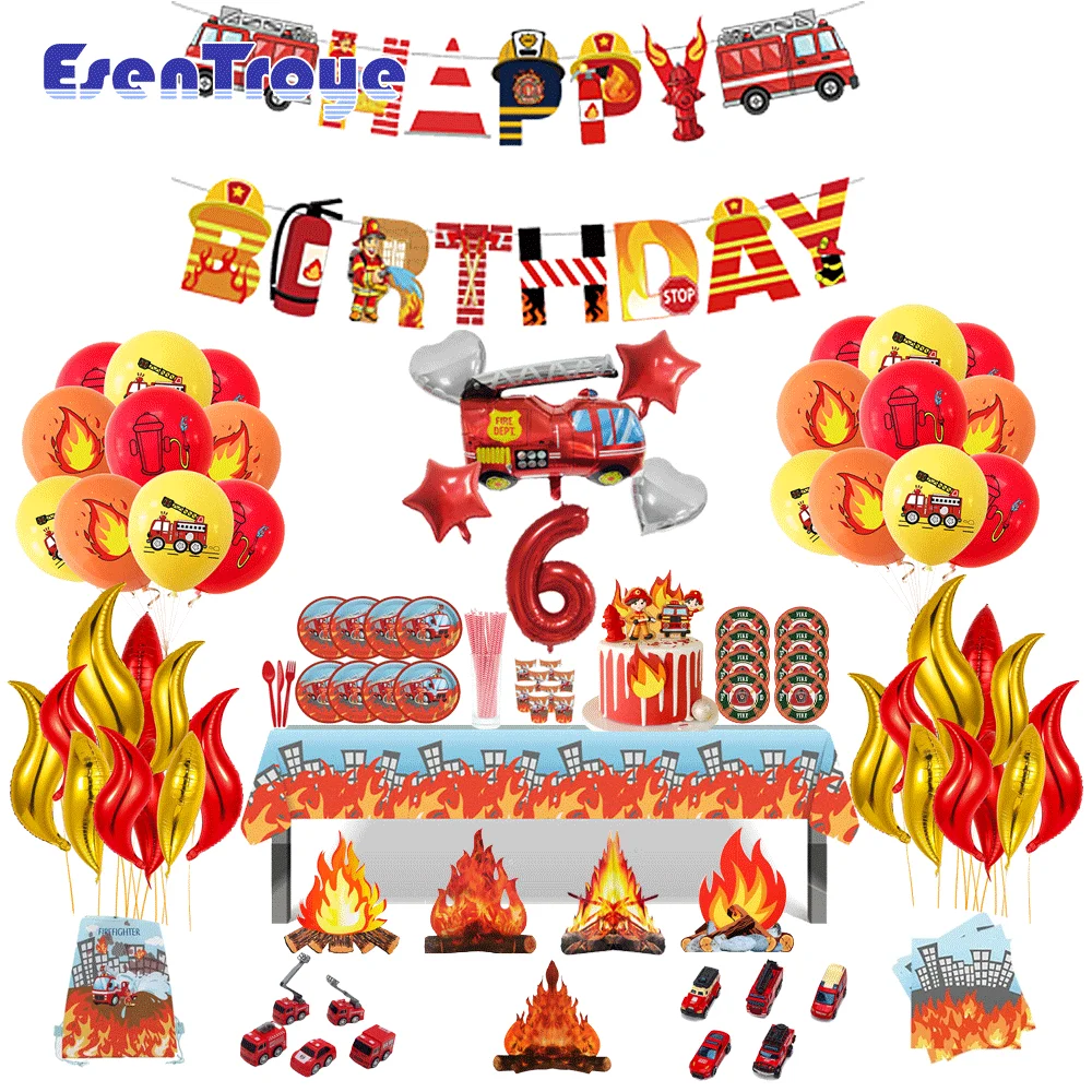 12 Inch Firefighter Themed Party Balloons Firetruck Happy Birthday Banner Kids Party Cutlery Honeycomb Baby Shower Decoration