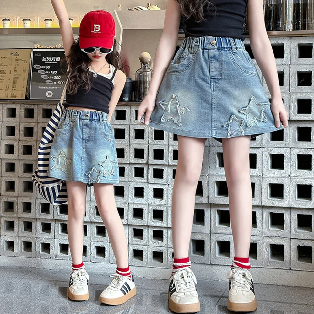 New Girl Fashion Denim Mini Skirt Summer Childrens Embroidery Slippery Beard Five pointed Star Retro Jeans Skirt Princess Shorts