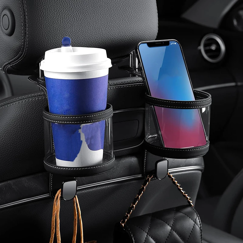 Car Backseat Cup Holder Hook Headrest Hanger Hook With Cup Holder Purses And Bags Holder Automotive Road Trip Organizer For Bag