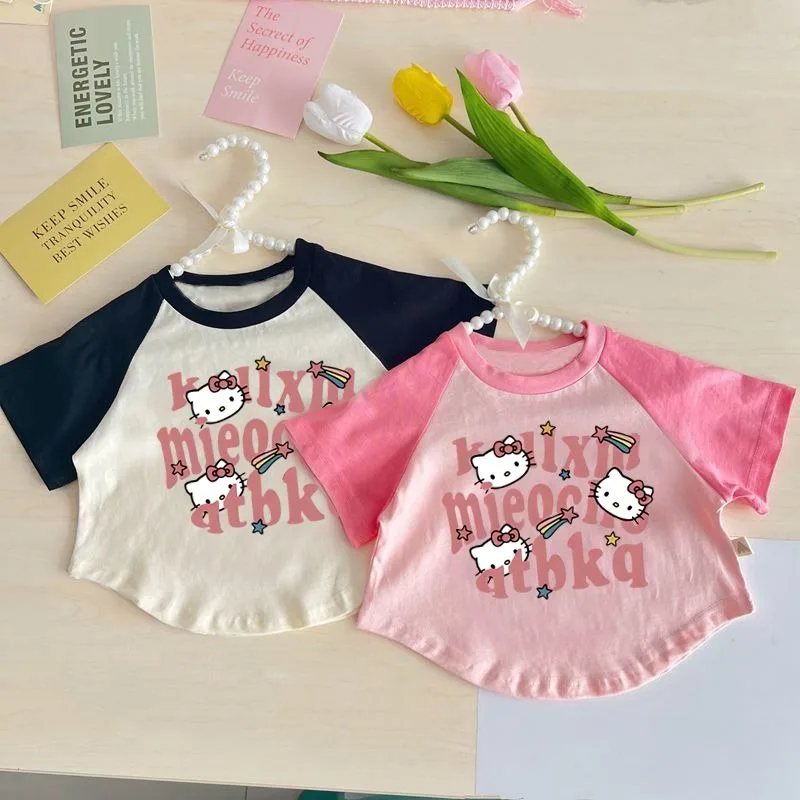 

Hello Kitty Girls Boys Kawaii Sanrio Anime Kawaii Casual Children Short Sleeved Shirt Cute Pure Cotton Hoodie Clothes Gifts Kids