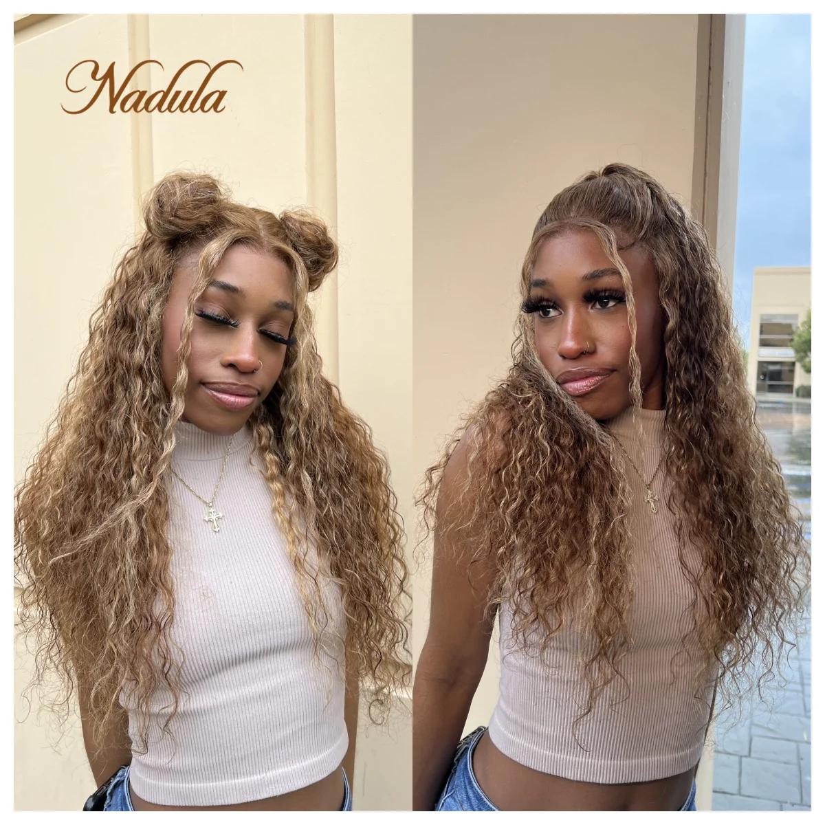 Nadula Water Wave Hair 7X5 Bye Bye Knots Wig Pre Bleached Lace Closure Wig Highlight Honey Blond Color Put On And Go #TL412 Wig