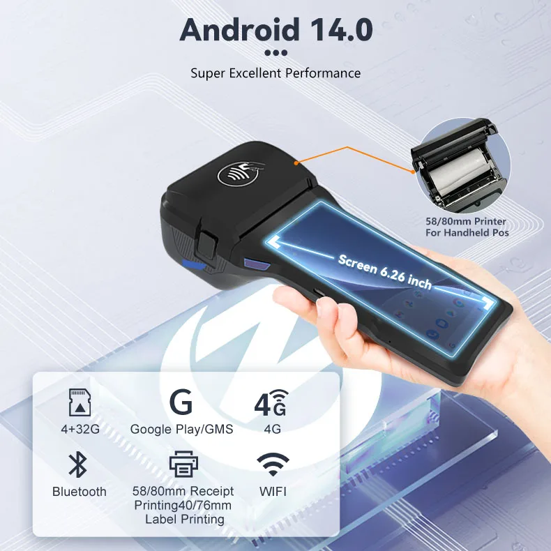 Android 14.0 80mm Touch Screen Pos Fingerprint Handheld Android Pos Terminal With 80mm Printer Point of Sale Systems