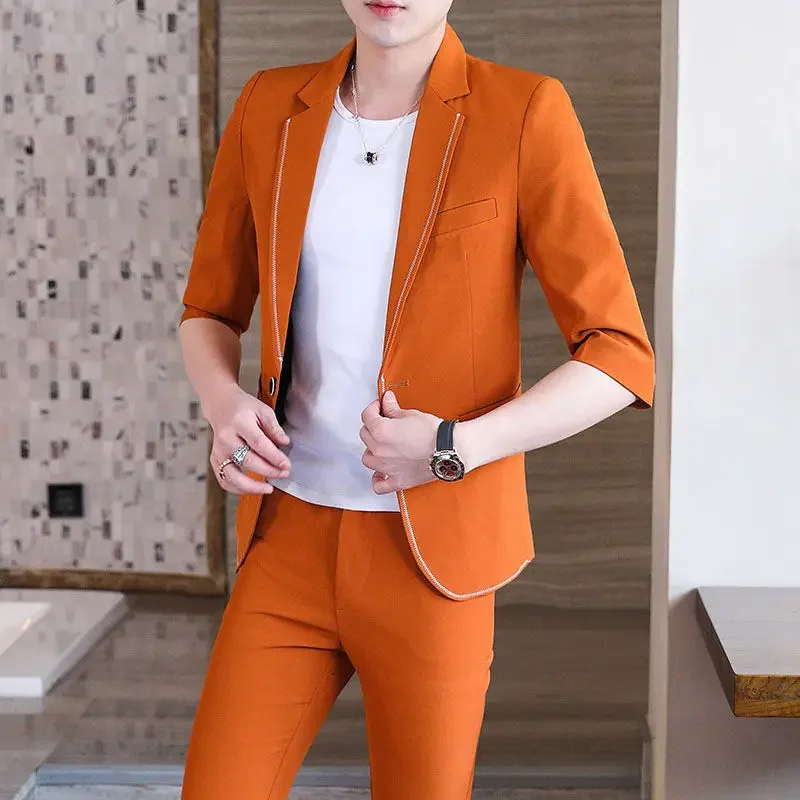 2023 New (suit + Trousers) Three-quarter Sleeve Solid Color Casual Slim Fit Nine-point Pants Short-sleeved Small Suit Two-piece