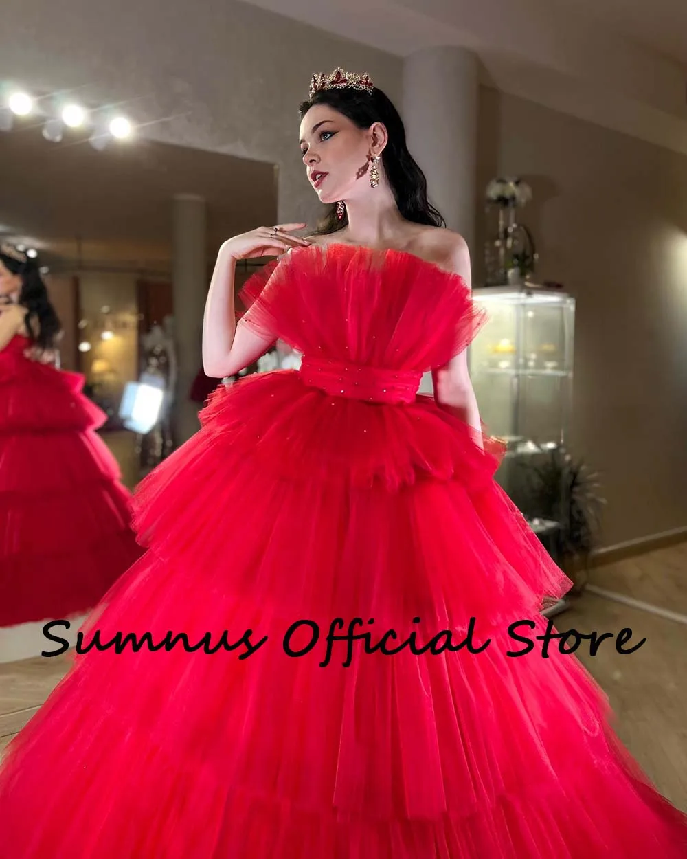 Sumnus-Robe de Rhprincesse de luxe, rouge, sans bretelles, tulle à plusieurs niveaux, ligne A, robe de soirée de remise des diplômes, 2023 zones, robe rigour