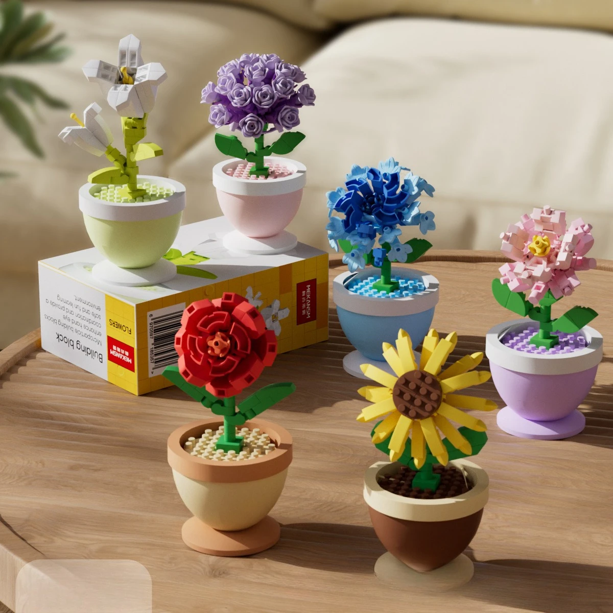 Mini Particle Building Block Flower Pot Rose Sunflower Carnation Assembly Ornament Home Decor Educational Craft