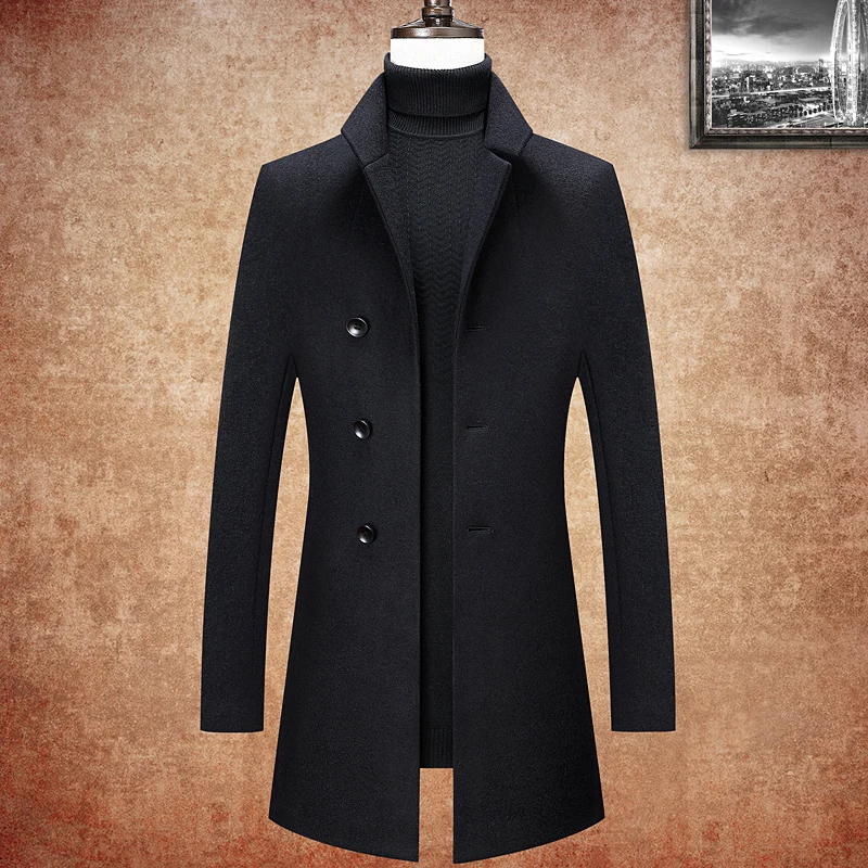 

Casual Men's Autumn Winter 47%Wool Blends Coats Black Color Windbreaker Mid-Long Top Thick Warm Jacket Overcoat Outerwear Trench