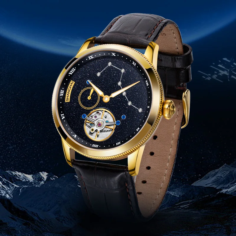 Reloj Tourbillon Shanghai, reloj mecánico para hombre, reloj mecánico de cuerda Manual, correa de cuero genuino, calendario, reloj de zafiro