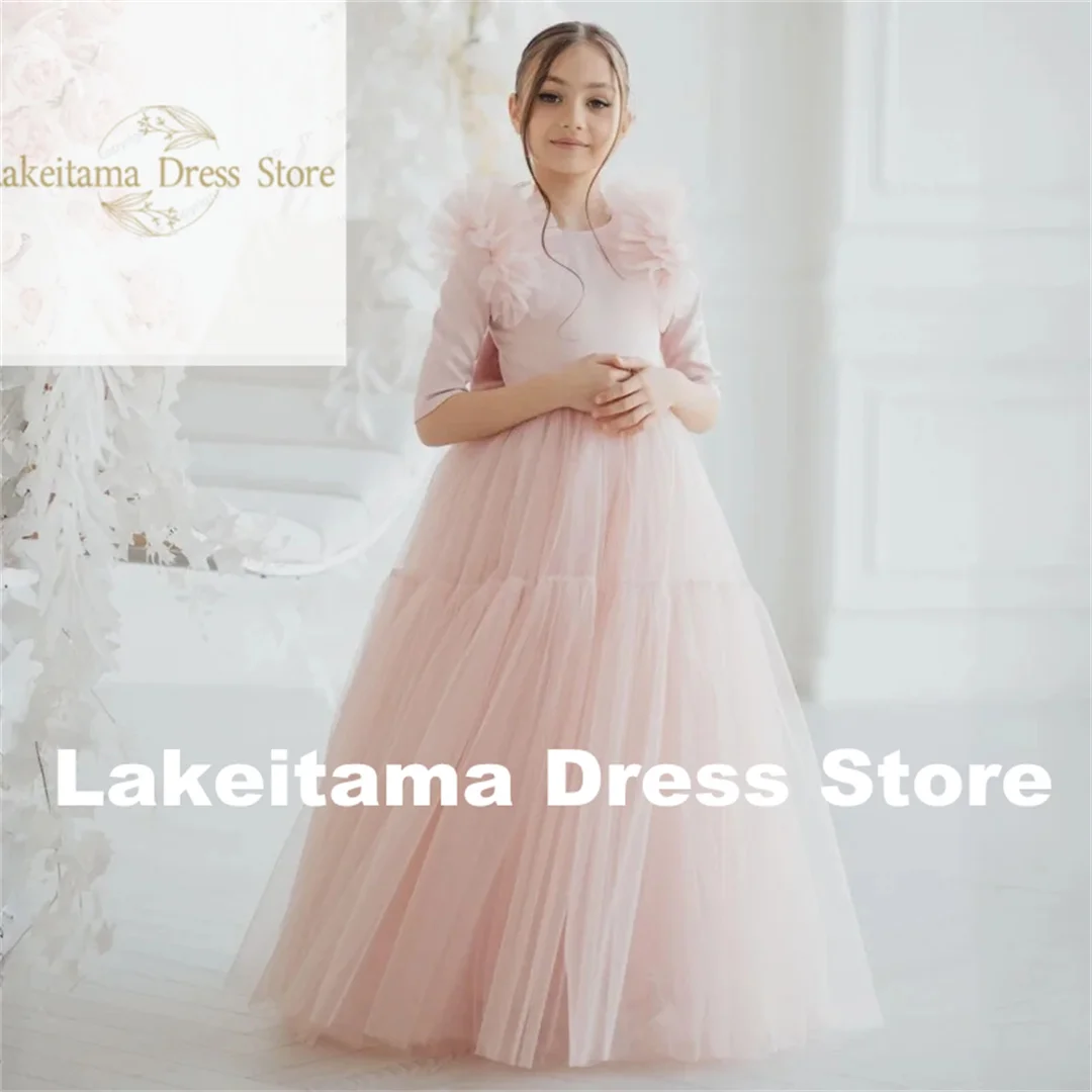 

Customization Wedding Tulle With Bow Birthday Party Flower Girl Dresses Half Sleeve For Banquet Princess Gowns