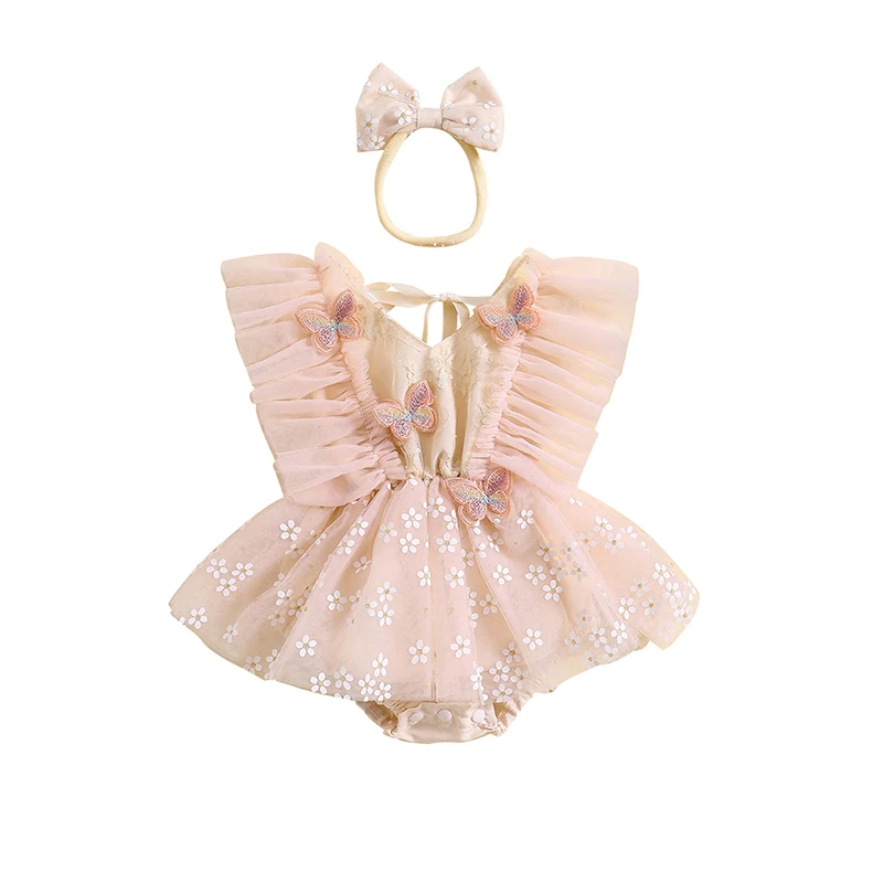 Infant Girl Summer Jumpsuit Flying Sleeve V-Neck Tulle 3D Butterfly Floral Print Romper with Headband Children's Clothing