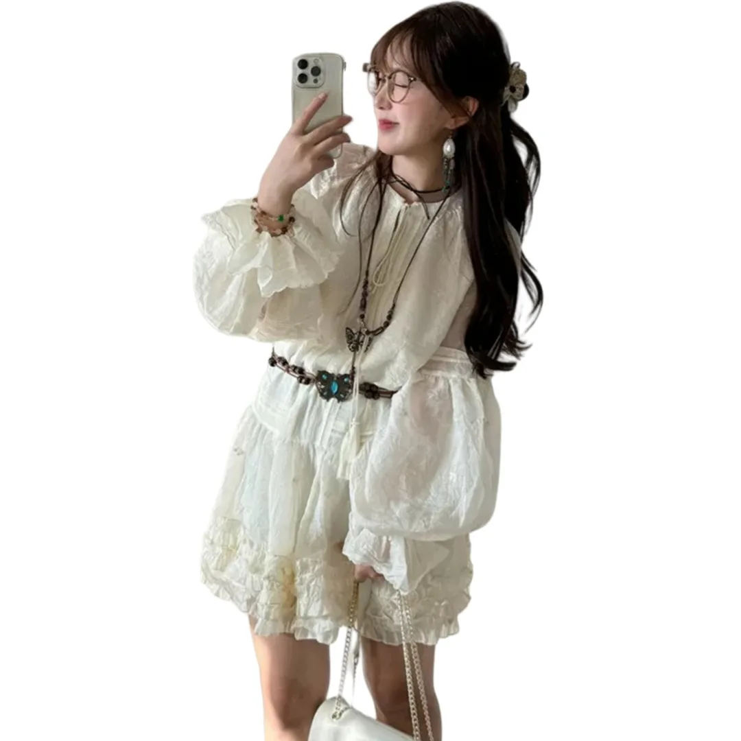 Lantern Sleeve Short Dress for Women Autumn Ambience Outfit Elegant Waist Cinching Slim Style