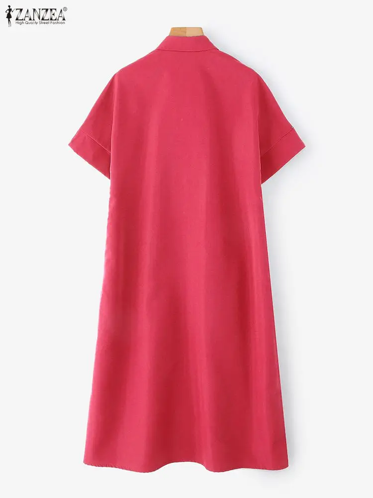 Damska sukienka koszulowa midi z haftowanymi kwiatami, kołnierzykiem i krótkim rękawem zapinana na guziki, ZANZEA, codzienna odzież na co dzień, rozmiar 3XL