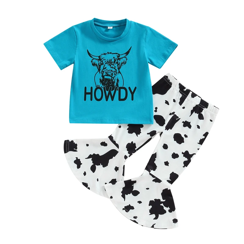 Baby Girl Clothes Short Sleeve Howdy Summer Cow Bell Crewneck T-shirt Bottoms Outfit Pants Print Print