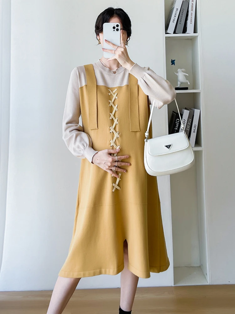 Hot Selling Pregnant Woman Dress Long Sleeve Cross Drawstring Ribbon Side Split Maternity Knit Dress Plus Size Pregnancy Sweater