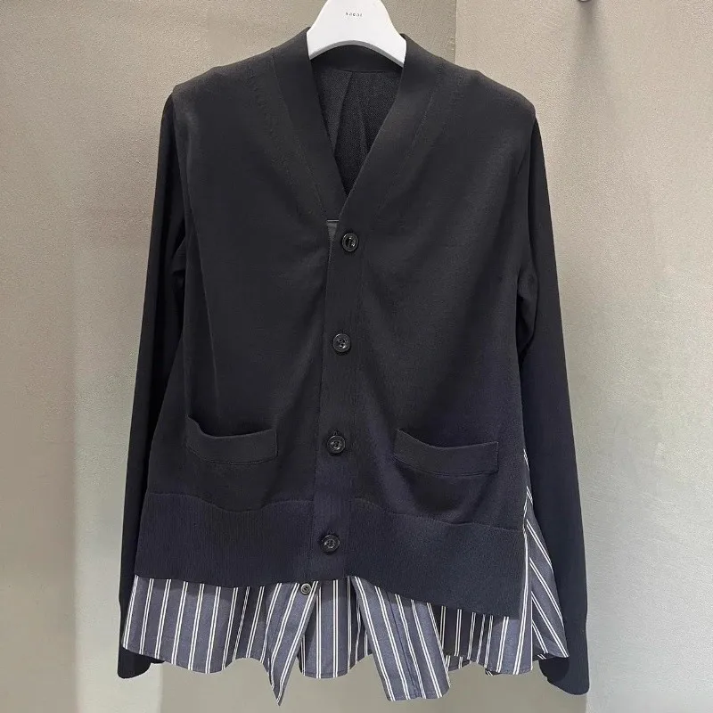 

Женская свободная вязаная кофта SACAI с длинными рукавами, повседневная, с контрастными вставками, в стиле пэчворк, для ранней осени, новая, из хлопка, с V-образным вырезом, в полоску.