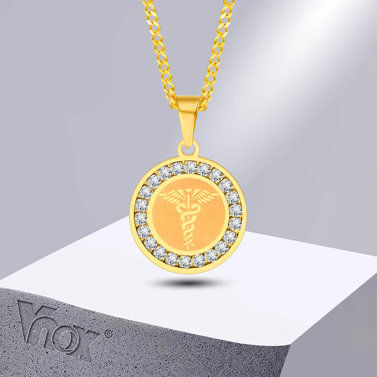 

Vnox Free Engrave Back Customize Medical Necklace, Unisex Round Coin Pendant with AAA CZ Stones, Type 2 Diabetes Collar