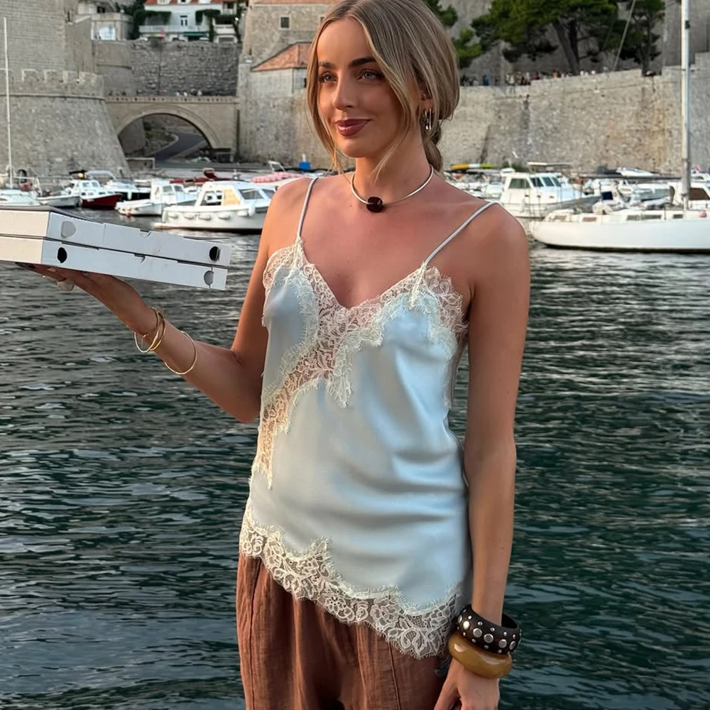 

Tuularose Sexy Lace Tank Top Women Solid Lace Patchwork Asymmetrical Camis Top Summer Streetwear Party Outfit Vacation Women Top