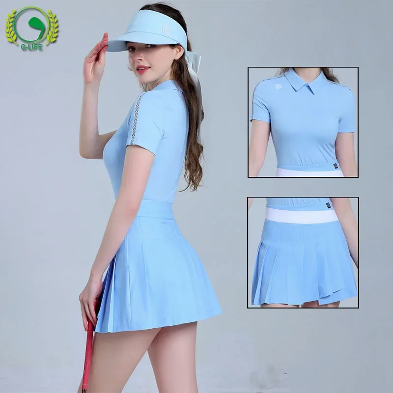 G-life Summer Female Breathable Soft Training Shirts Anti-sweat Golf Tops Women High Waisted Golf Culottes Pleated Skorts Suits