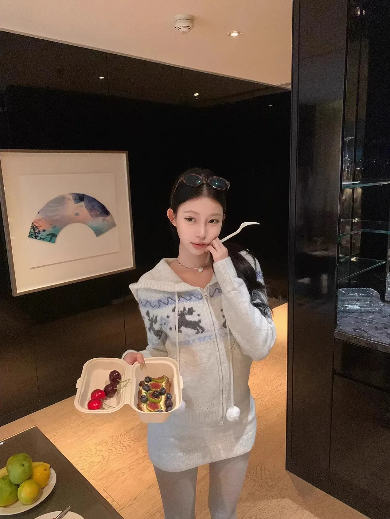 

ay Fair Isle Deer Patterned Hooded Open Cardigan Jaet Women's Autumn Winter Elastic Skirt Knitted Two-Piece Set