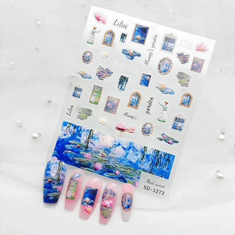 1bag/lot,5D Relief Nail Sticker,nail Design Monet Garden Van Gogh Sunflower Water Lily Iris DIY Nail Decals Nail Art Decorations