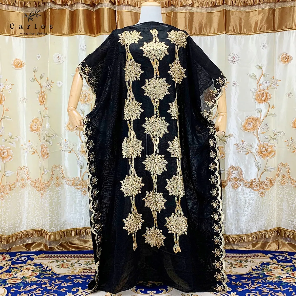 2022 New Arrival African Embroidery Flower Dresse With Scarf Big Size Women Muslim Sequin Embroidery Long Black Lady Clothes