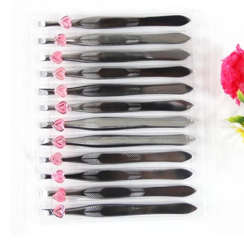 12pcs Hair Removal Tweezers Stainless Steel Eyebrow Tweezers Pink Slanted Silver Tip Point Face Harmless Makeup Beauty Tool