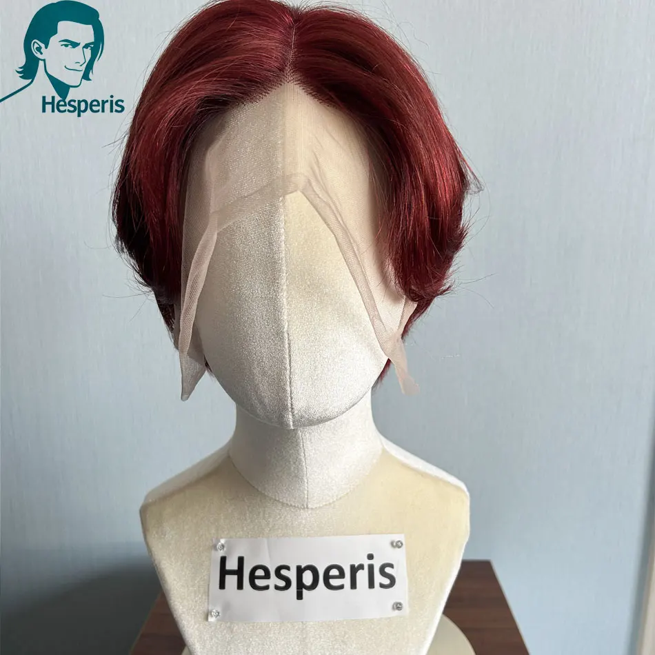 Hesperis Chestnut Red Short Bob Wig for Men Glueless Full Lace Wig Cosplay Hairpiece with Side Part Handsome Male Hair Accessory