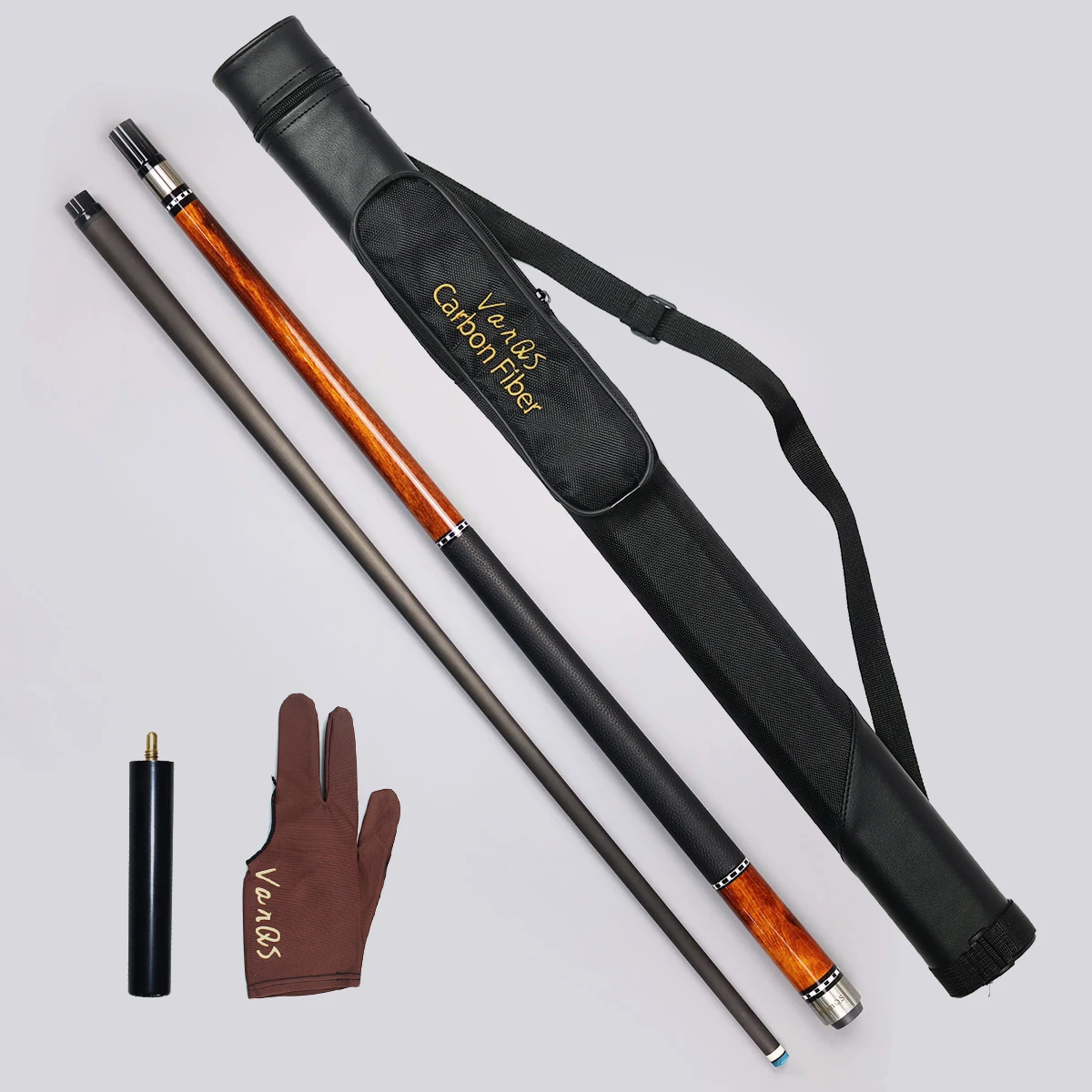 

Premium VANQS 12.5mm Cue Gift Set 2 Piece Pool Cue Box 1B1S with Carbon Shaft, 6" Round Interface Extension Rod, Gloves