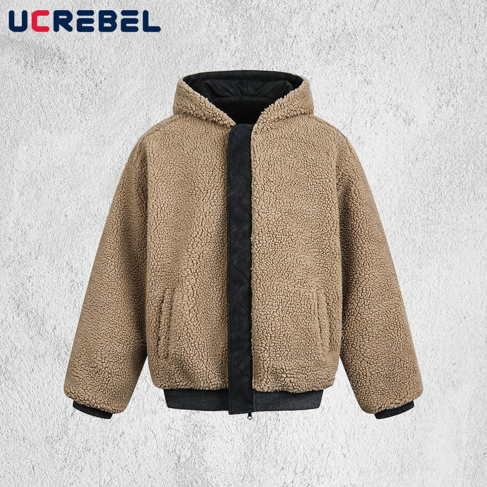 

Double-sided Hooded Jacket Mens Winter Retro High Street Pocket Long Sleeve Loose Sherpa Outerwear Man